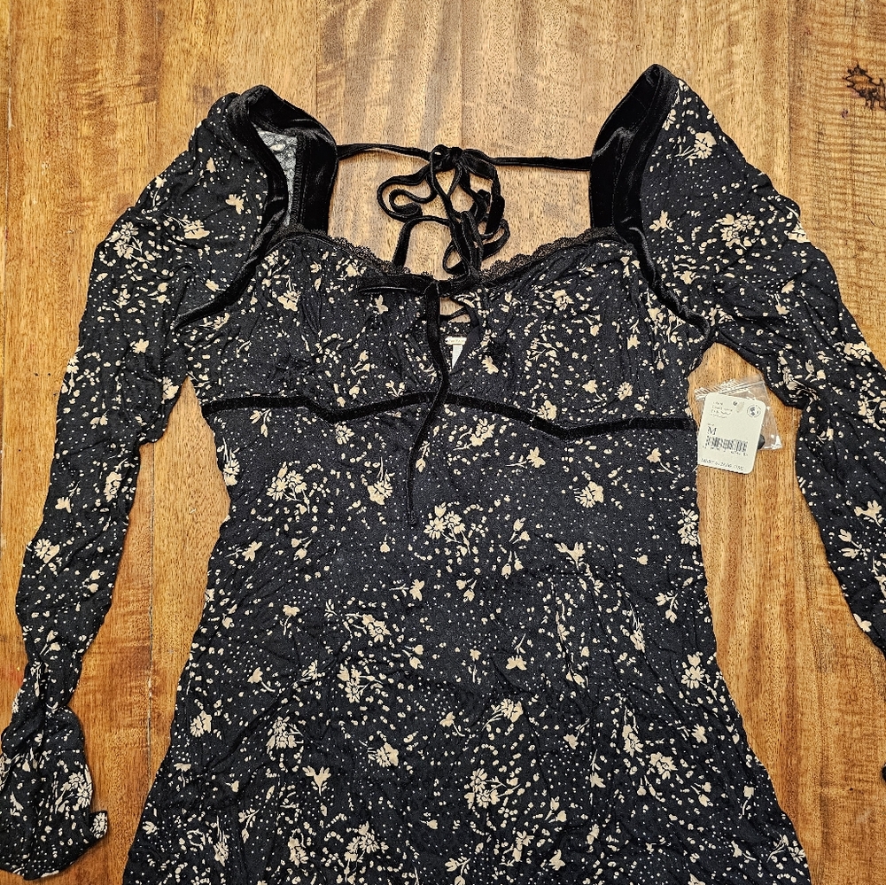 Free People Black Dress with Cream Floral Design